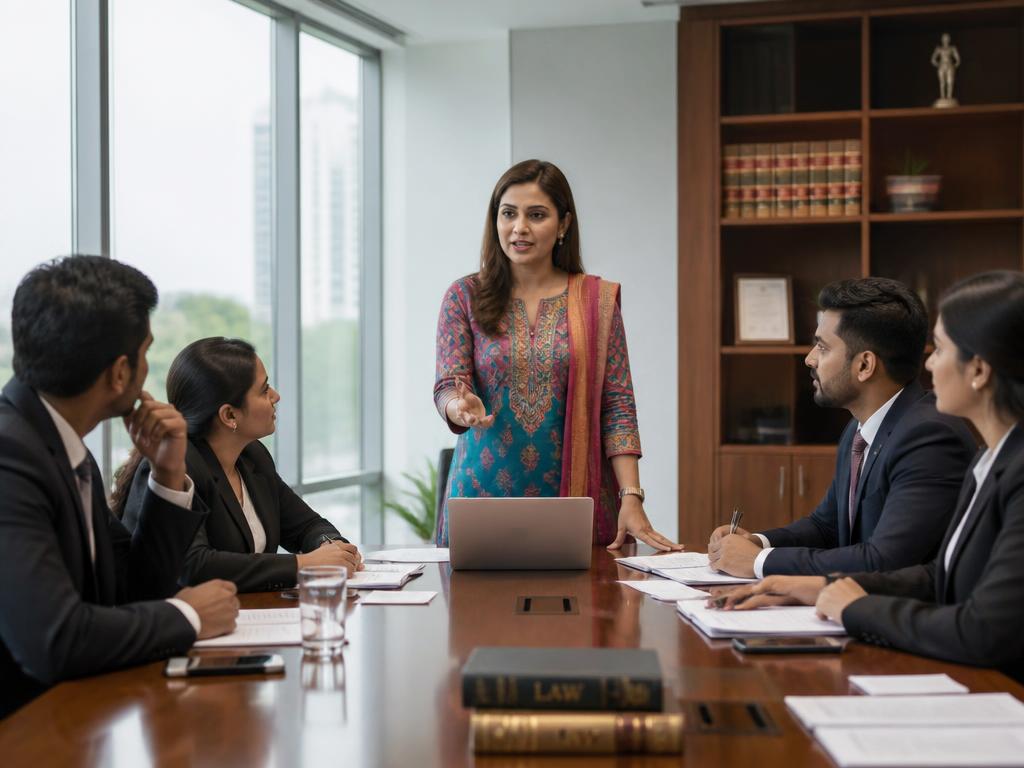 Woman legal advisor leading a boardroom discussion with her team