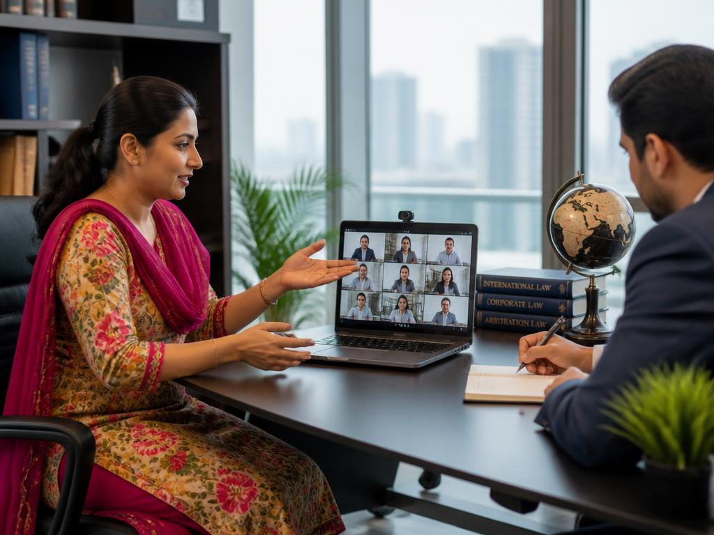 Woman legal advisor presenting to international clients on a video call