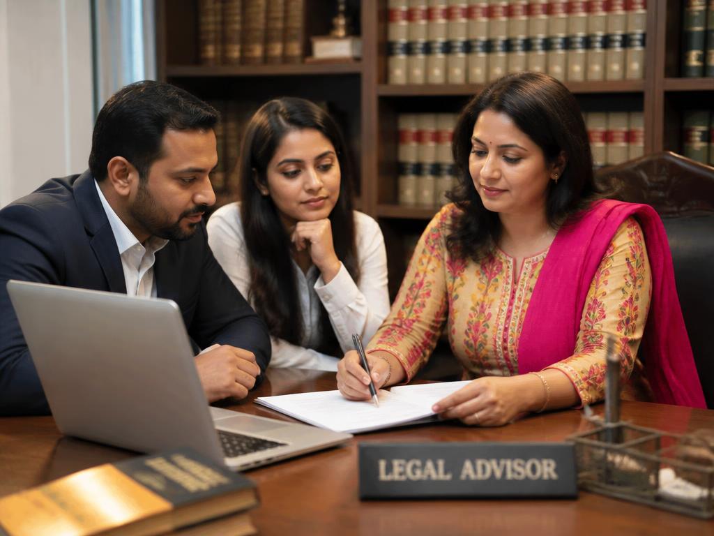 Woman legal advisor reviewing a contract with two colleagues